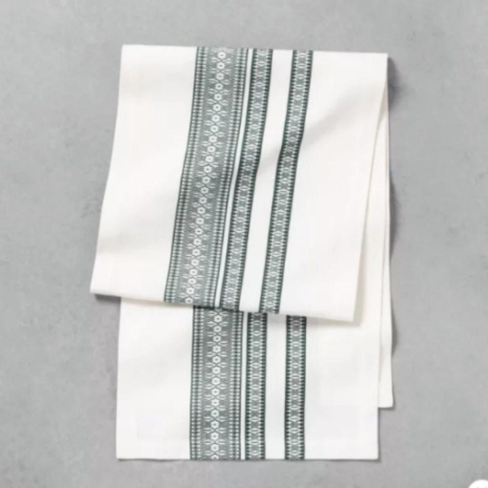 Green Embroidered White Table Runner
